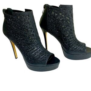 HDEUOLM Women’s Black 8.5 Crystal Stiletto Platform Heeled Sandals Peep-Toe NIB